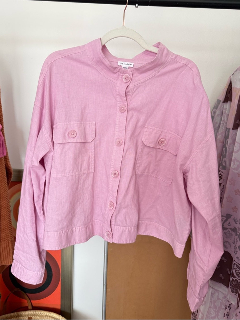 Tribal | 55% Linen Light Pink Women's Button-Front Jacket